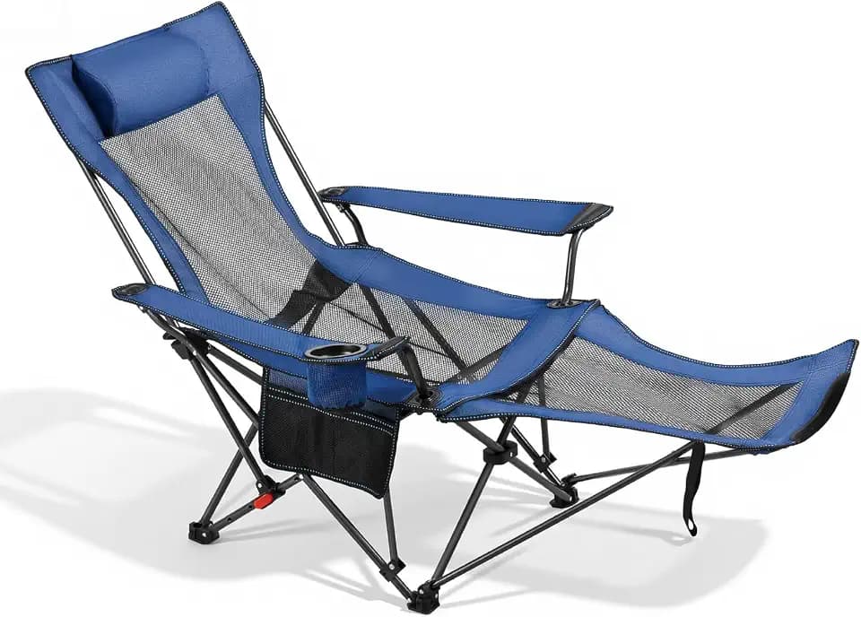VEVOR 2-in-1 Reclining Camping Chair with Footrest for Adults, 4 Adjustable Positions, Portable Folding Lounger, Lightweight Mesh Beach Chair Supports 300lbs, Heavy Duty Camp Chairs Outdoor, Blue