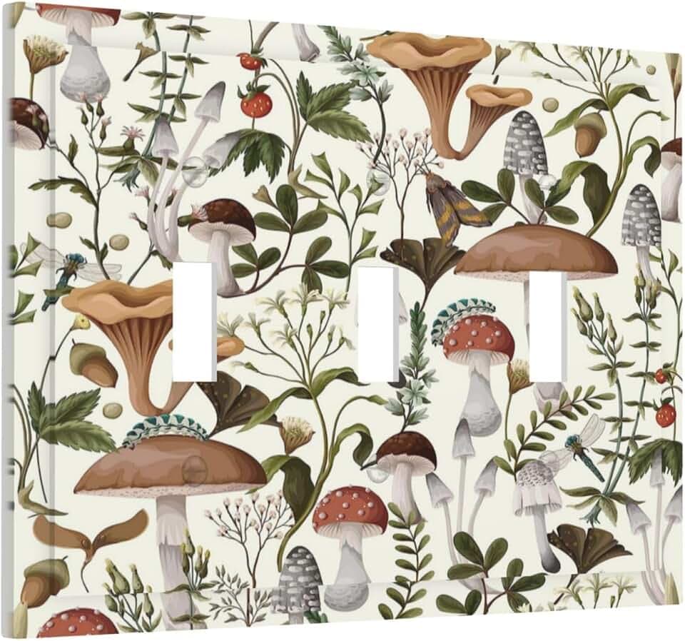 Boho Mushroom Vintage Floral Plants 3 Gang Light Switch Plate Decorative Triple Toggle Wall Plate Cover Electrical Faceplate for Bathroom Home Living Room Bedroom Art Panel Decor 6.7'' X 4.8''