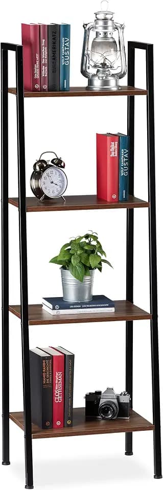Relaxdays Standregal, modernes Leiterregal m. 4 Ablagen, Pflanzen, Bücher & Deko, Vintage, HBT 136 x 44 x 31,5 cm, braun, Eisen