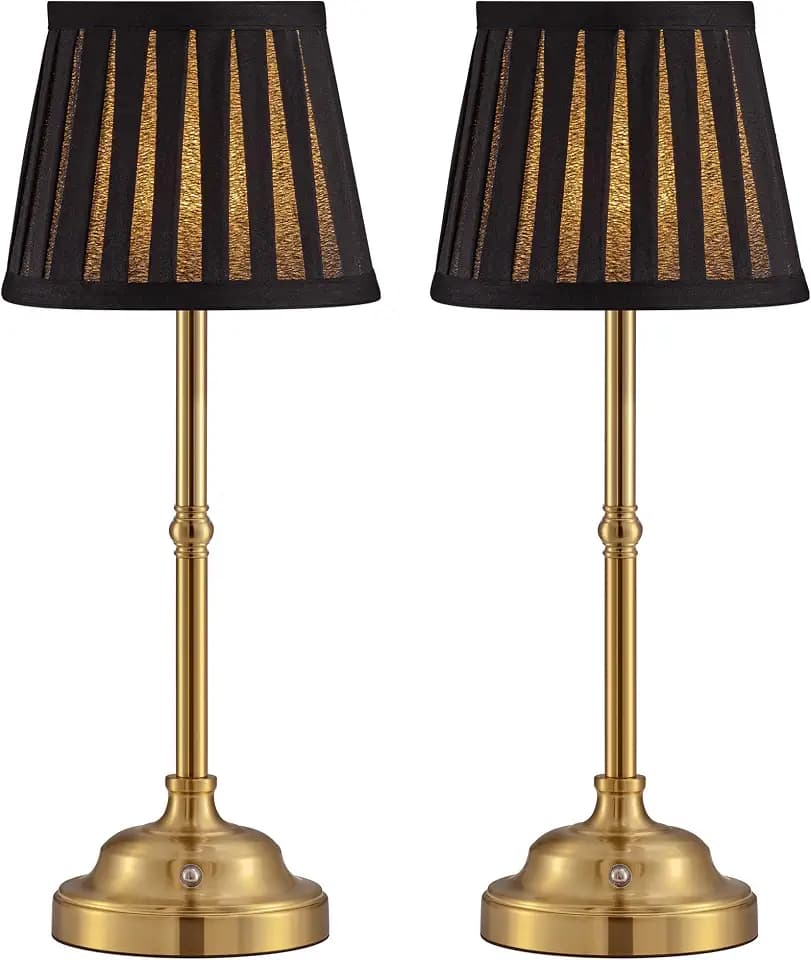 KDG Gold Cordless LED Table Lamps Set of 2, Black Fabric Shade Desk Lamps