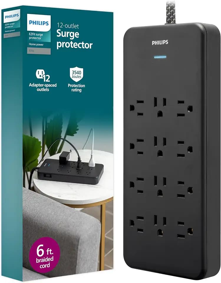 Philips 12-Outlet Surge Protector Power Strip, 6 Ft Braided Extension Cord