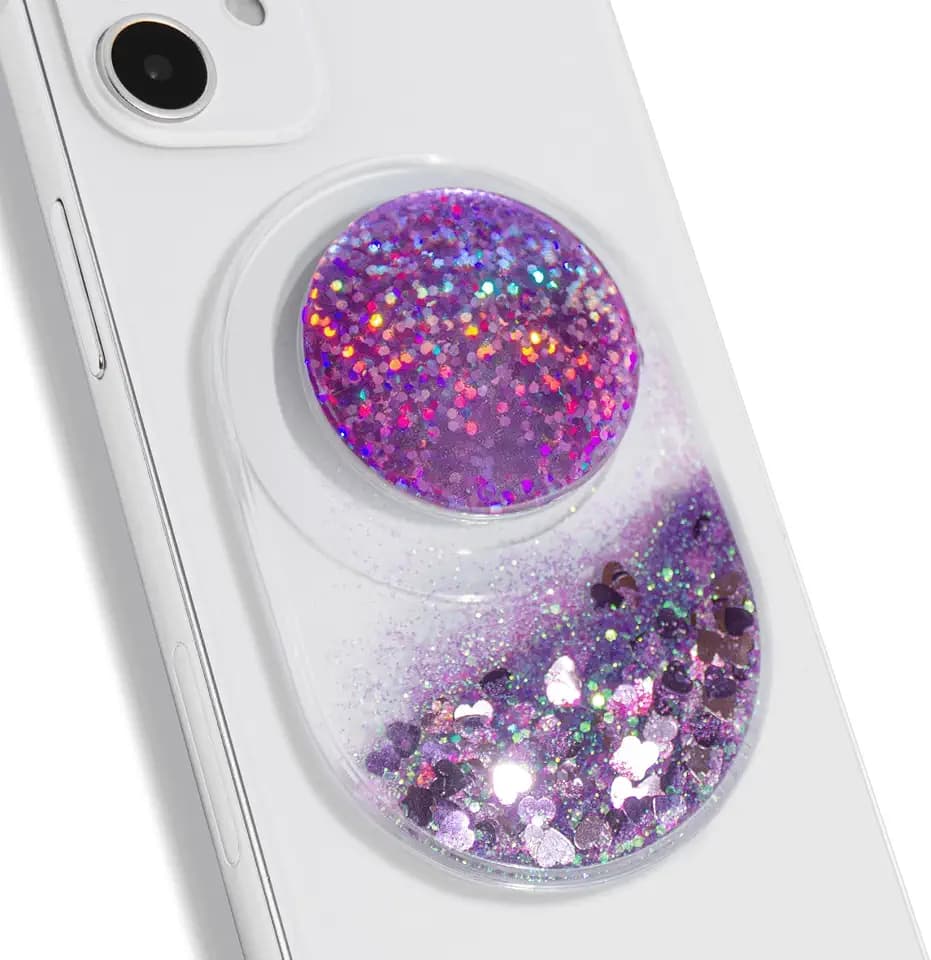 Glitter Quicksand Phone Grip Oval – MagSafe Compatible, Sparkling Liquid Design, Slim and Lightweight Magnetic Grip and Stand (Purple)