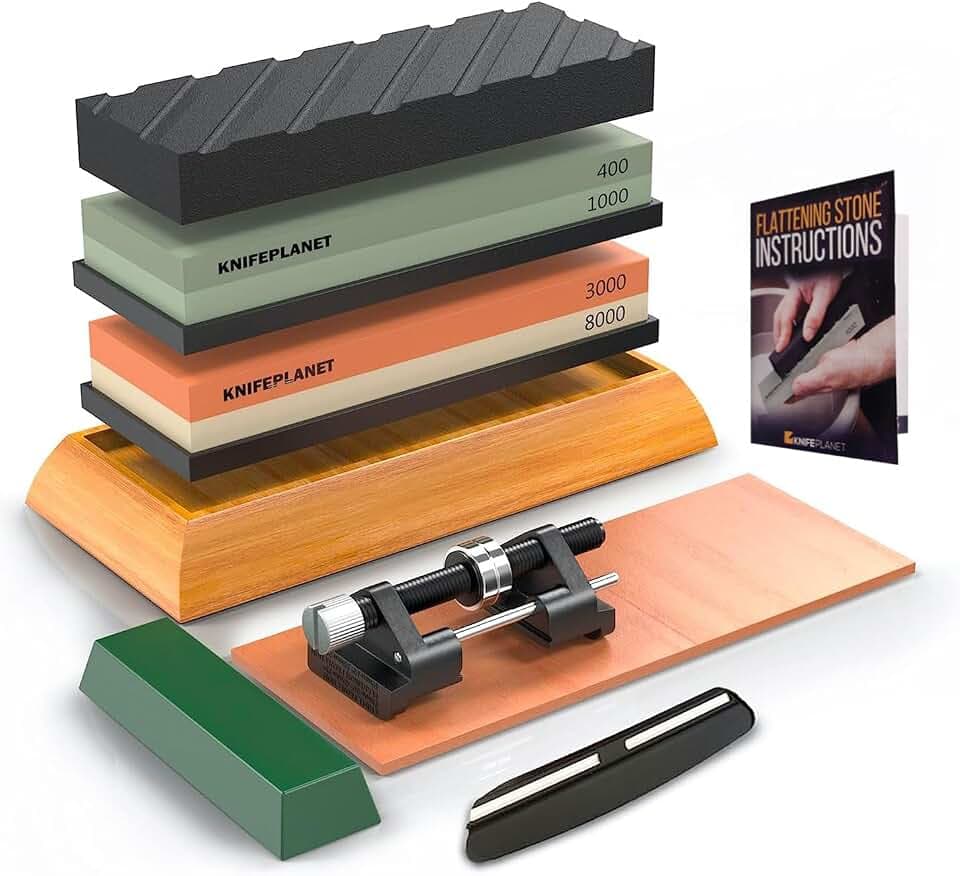 messerschleifstein set 400/1000 und 3000/8000-grit profi, tresor messerschärfer set whetstone set enthält abflachen stein, bambusbasis und 2 rutschsicheren gummi