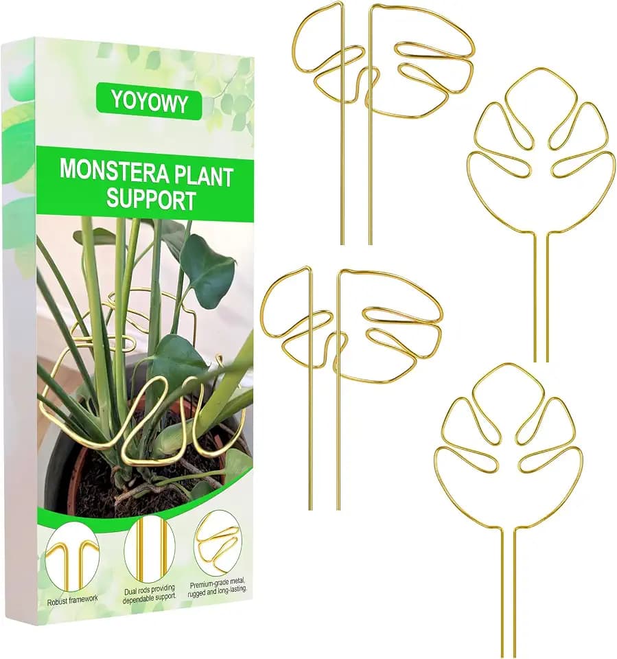 Monstera Plant Support,Unique Monstera Shaped Plant Support Ring,Plant Support Stakes for Outdoor Plants and Indoor Plants (Gold 4pcs)