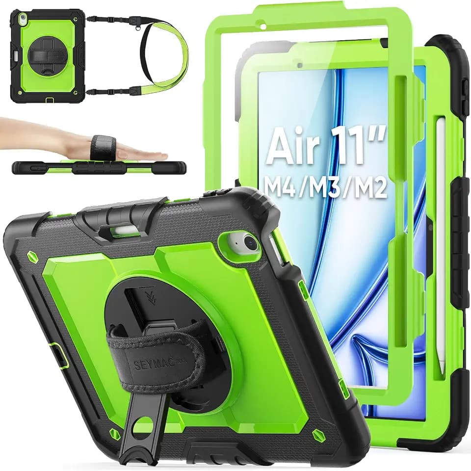 SEYMAC stock Case for iPad Air 11-inch M4-M2 2026-2024 (Gen 8-6), Shockproof Heavy Duty Case with Screen Protector, Pencil Holder, Rotating Stand, Hand Strap, Shoulder Strap, Green