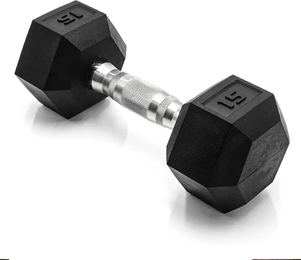 CAP Rubber Coated Dumbbell Weights, Free Weights for Home Gym Strength Training, Anti-Roll Hex Dumbbells with Black, Chrome & Comfort Grip Handles, Singles