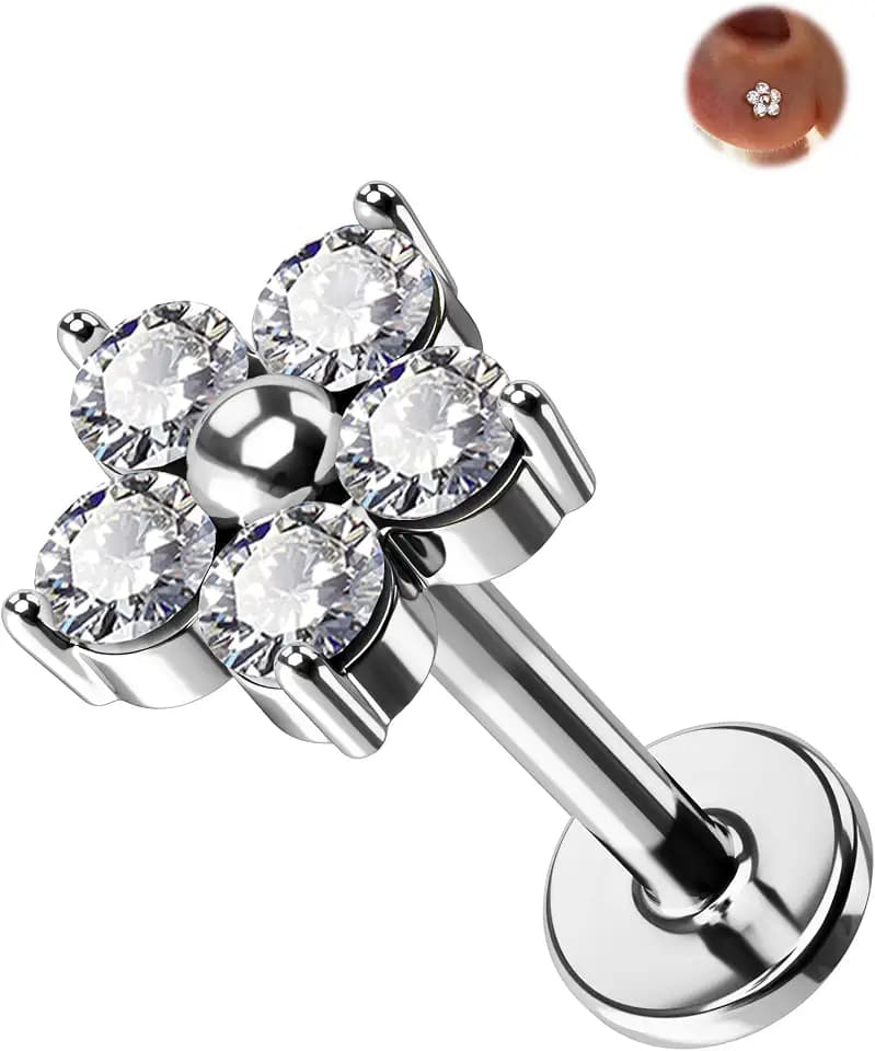 Jewseen G23 Titanium Cartilage Earring Studs 16G Forward Helix Earrings Opal Flat Back Nose Stud CZ Opal Lip Piercing Threadless Push in Medusa Piercing Jewelry