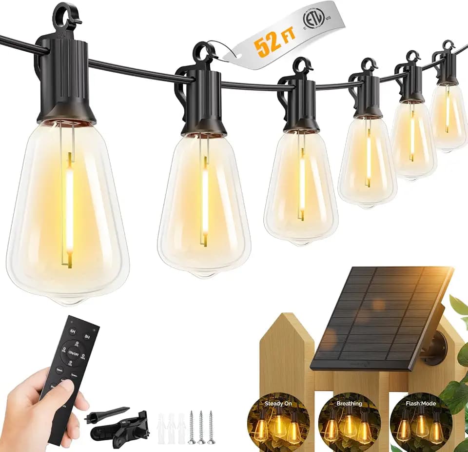 Brightown 52FT Solar String Lights Outdoor, 15+2 Shatterproof LED Bulbs