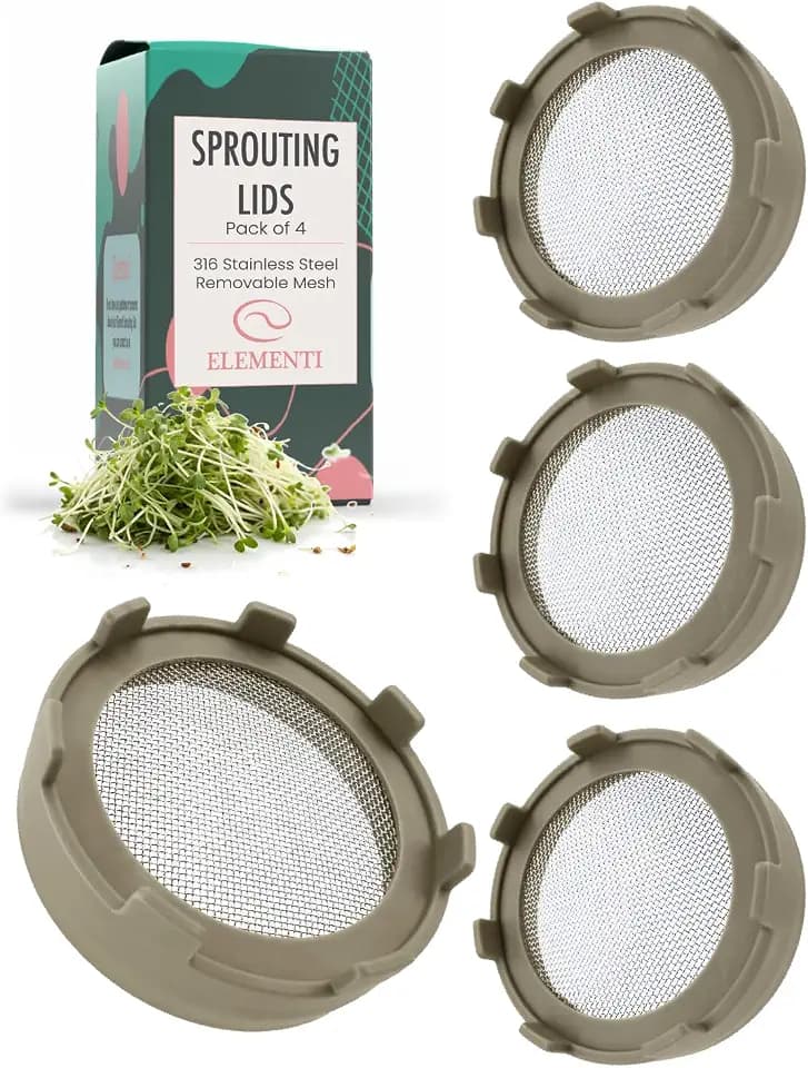 Elementi Sprouting Lids for Wide Mouth Mason Jars (Set of 4), Sprouting Jar Kit for Organic Alfalfa & Micro Greens Sprouts Growing Kit, 316 Stainless Steel Mesh Screen Strainer Lid (Mushroom)
