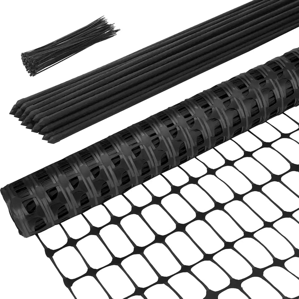 Ohuhu 3.4' x 100' Plastic Garden Fence Roll with 16MM Thicke Stakes, Black