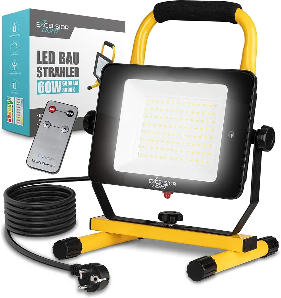 ExcelsiorLight – Premium LED Baustrahler [60W] – IP65 wasserdichte Arbeitsleuchte [6000LM/5000K] – Baustellenlampe dimmbar – Mit Fernbedienung