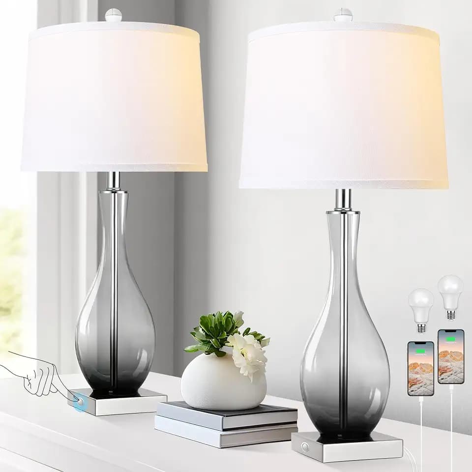 27" Glass Table Lamps with USB Ports, Touch Bedside Desk Lamps Set of 2