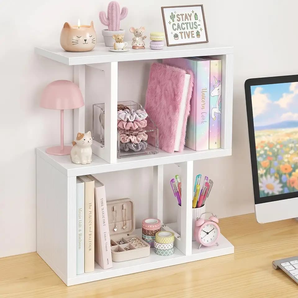 Small Desktop Bookshelf for Top of Desk Shelf - Mini White Table Bookcase 3-Tier Shelves Storage Book Organizer Hutch for Dorm Office College