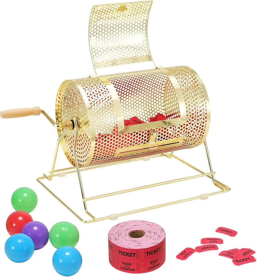 VEVOR Raffle Ticket Spinner - 12 x 8 Inch Raffle Drum Lottery Spinning Drawing, Brass Plated Raffle Tickets Roll Box with Wooden Turning Handle Holds 2500 Tickets or 100 Ping Pong Balls for Events
