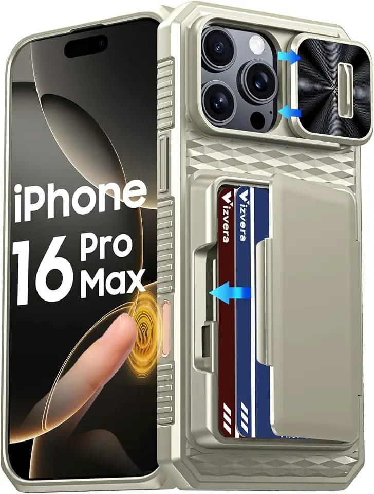 Vizvera for iPhone 16 Pro Max Case Wallet RFID [Cards Holder][Camera Control][Camera Cover] Full Body Rugged Shockproof Silicone Protective Phone Case for iPhone 16 Pro Max 6.9"(Natural Titanium)