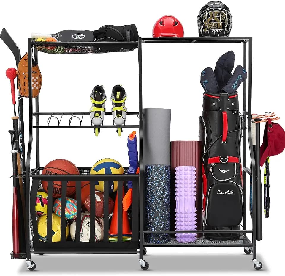 EXTCCT Garage Sports Equipment Organizer with Wheels, Golf Bag storage Rack