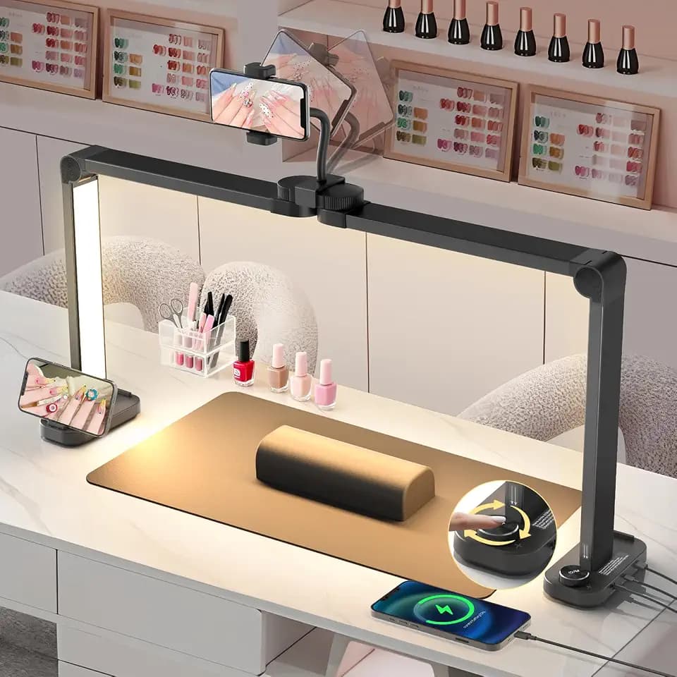 Desktop Halbmondlampe für Nägel mit Handyhalter: 34" LED Halbmond Wimpern Lampe für Nageltechniker - 3 Farbmodi Und 10 Helligkeitsstufen Bogen Tischlampe für Tattoo Maniküre (Schwarz)