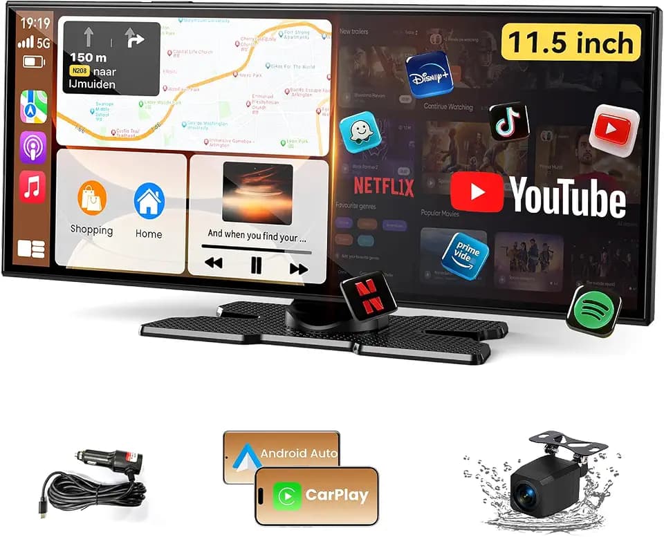 Largest 11.5 inch Wireless CarPlay Screen for Car,Built-in N-etflix/YouTube/TikTok and other apps,A-pple CarPlay & Android Auto screen with1080P Backup Camera/Navigation/Voice Control,for All Vehicles