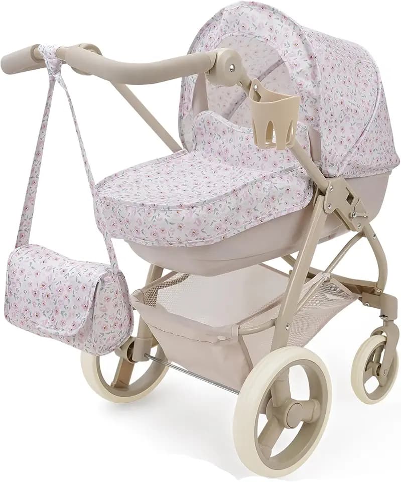 509 Crew: Little Flora - Bella 2-in-1 Doll Pram - Flower-Tan-Pink, Convertible Toy Stroller, Removable Bassinet, Adjustable Handle, Folding, Kid 3+