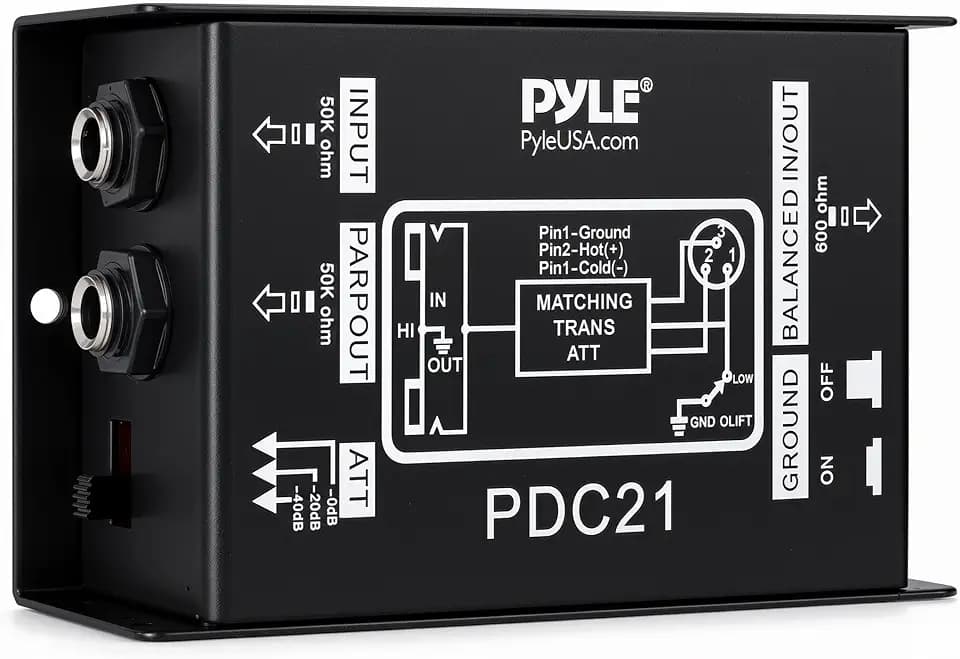 Premium Direct Injection Audio Box - Passive DI Unit Hum Eliminator w/Input Attenuator to Connect Guitar & Bass, 1/4'' Impedance Transformer Connector to Balanced & Unbalanced XLR, Black - Pyle PDC21