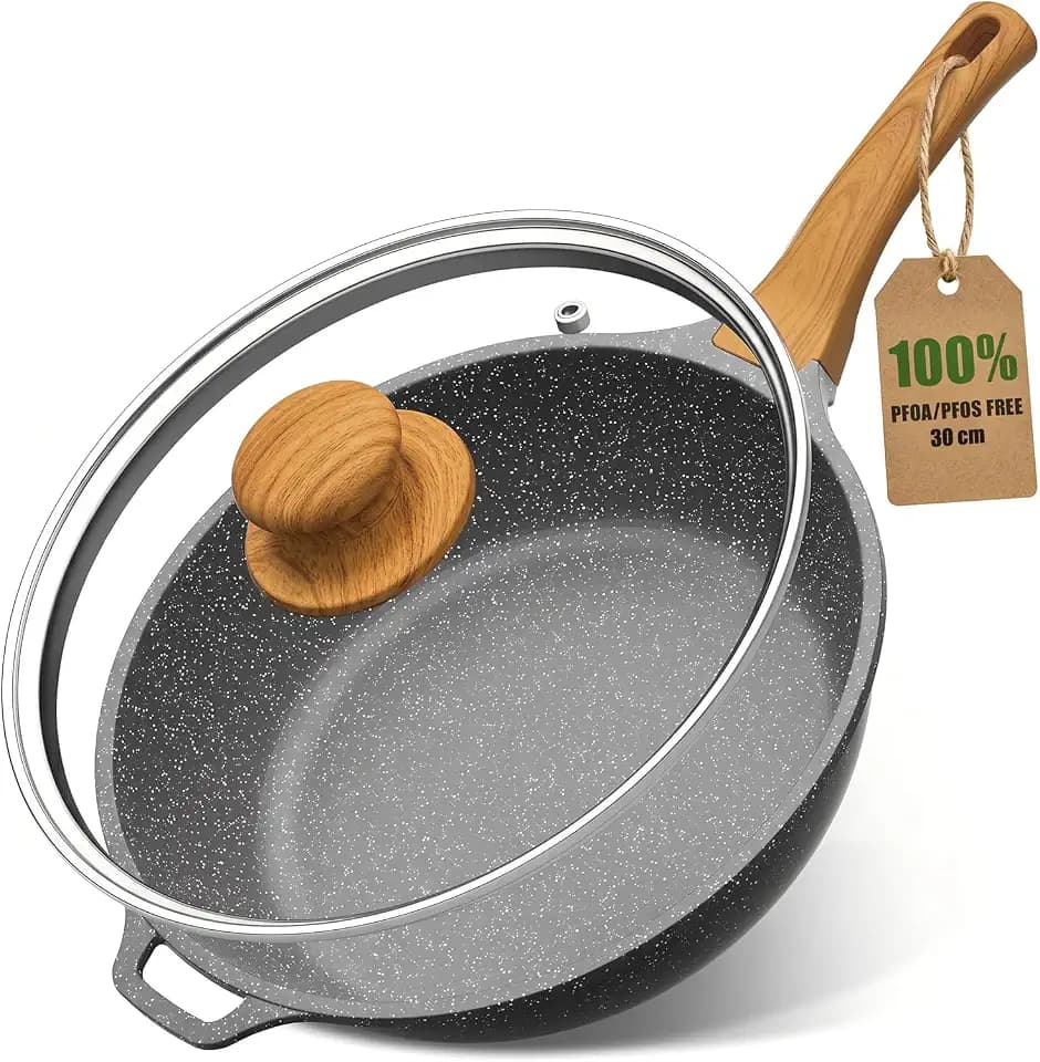 YASHE 30cm/4.7L Ungiftig Tiefe Bratpfanne mit Glasdeckel, für Induktion