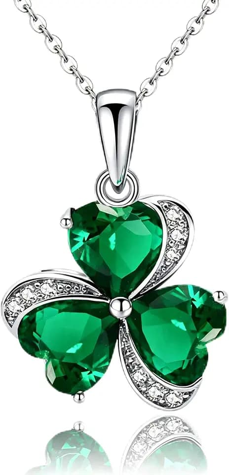 VONSSY Damenkette Edelstein Klee Anhänger Halskette | Smaragdgrüne irische Kleeblatt Geburtsstein Halskette | Weißgold Silber Schmuck Geschenk für Frau Tochter Mutter Freundin