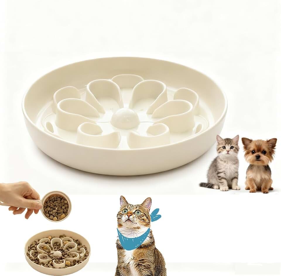 Slow Feeder Cat Bowl,Floral Maze Food Plate for Slow Eating,Melamine Cat Dish,Antischlingnapf für Katzen,antischlingnapf Katze,Für Nass und Trockenfutter Geeignet,Weiß