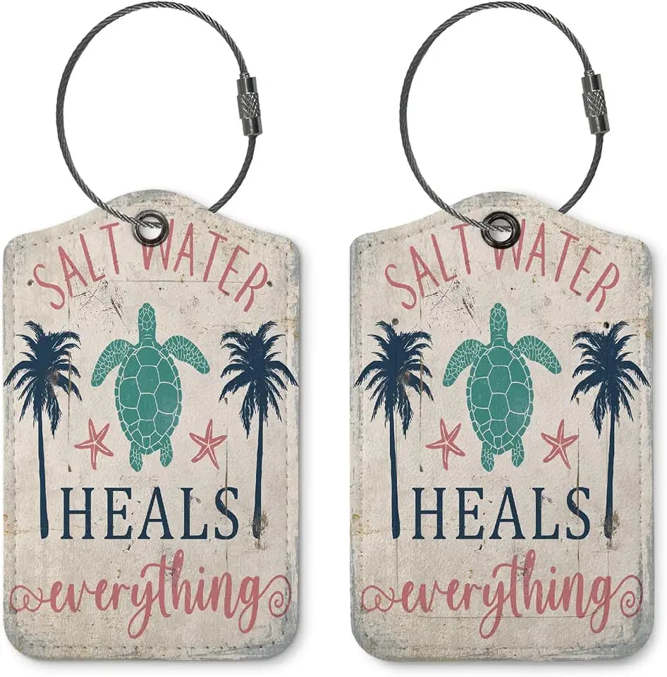Beach Summer Retro Luggage Tags for Suitcases, Cute Travel Personalized Suitcase Luggage Tags for Women Teen Girls, 2 Pack Bag Tags Traveling Leather Luggage Accessories