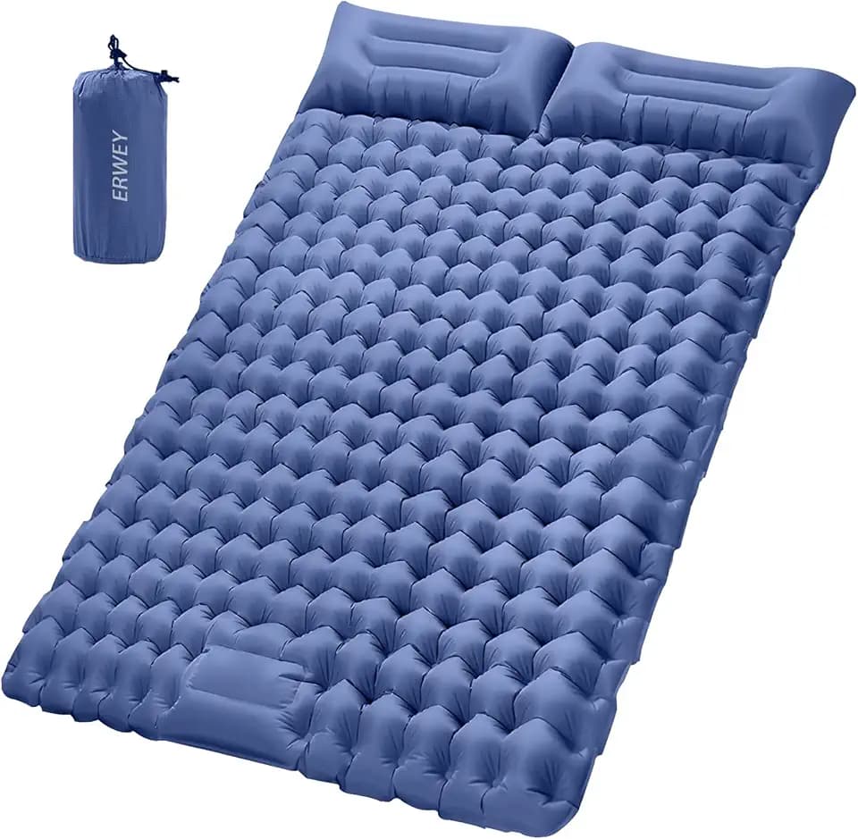 ERWEY Isomatte Camping 2 Personen 200x135 cm Ultraleicht Camping Isomatte Aufblasbar Luftmatratze Schlafmatte mit Fußpumpe Faltbar Schlafmatten mit Kissen, Navy Blau