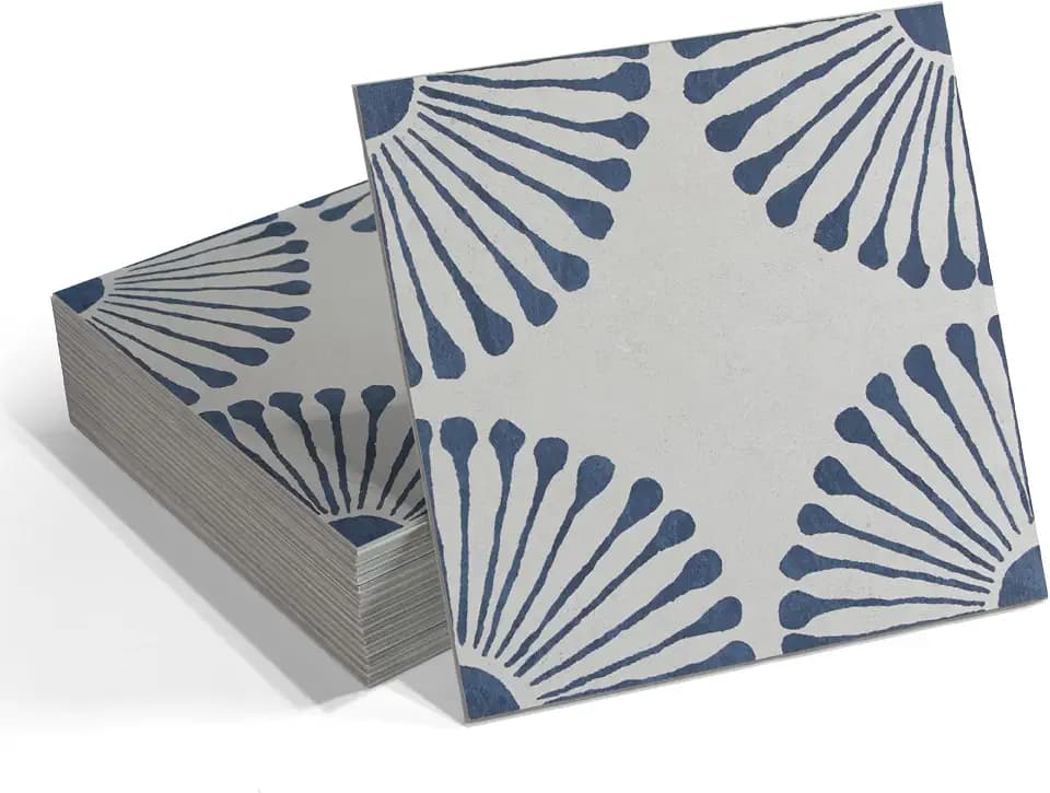 16-Sheet Peel and Stick Floor and Wall Tile, 9" x 9" Blue Stone Composite Self Adhesive Vinyl Flooring, Patterned Flower Groutable Backsplash Tile for Kitchen Bathroom Shower