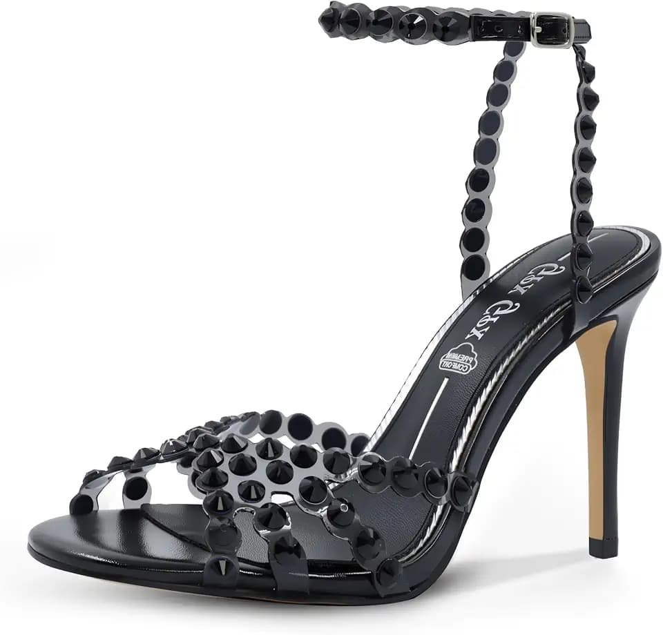 Rhinestone Sandals for Women High Clear Strappy Buckle Stiletto Heels Round Toe Sexy Dressy Sandals Prom Shoes