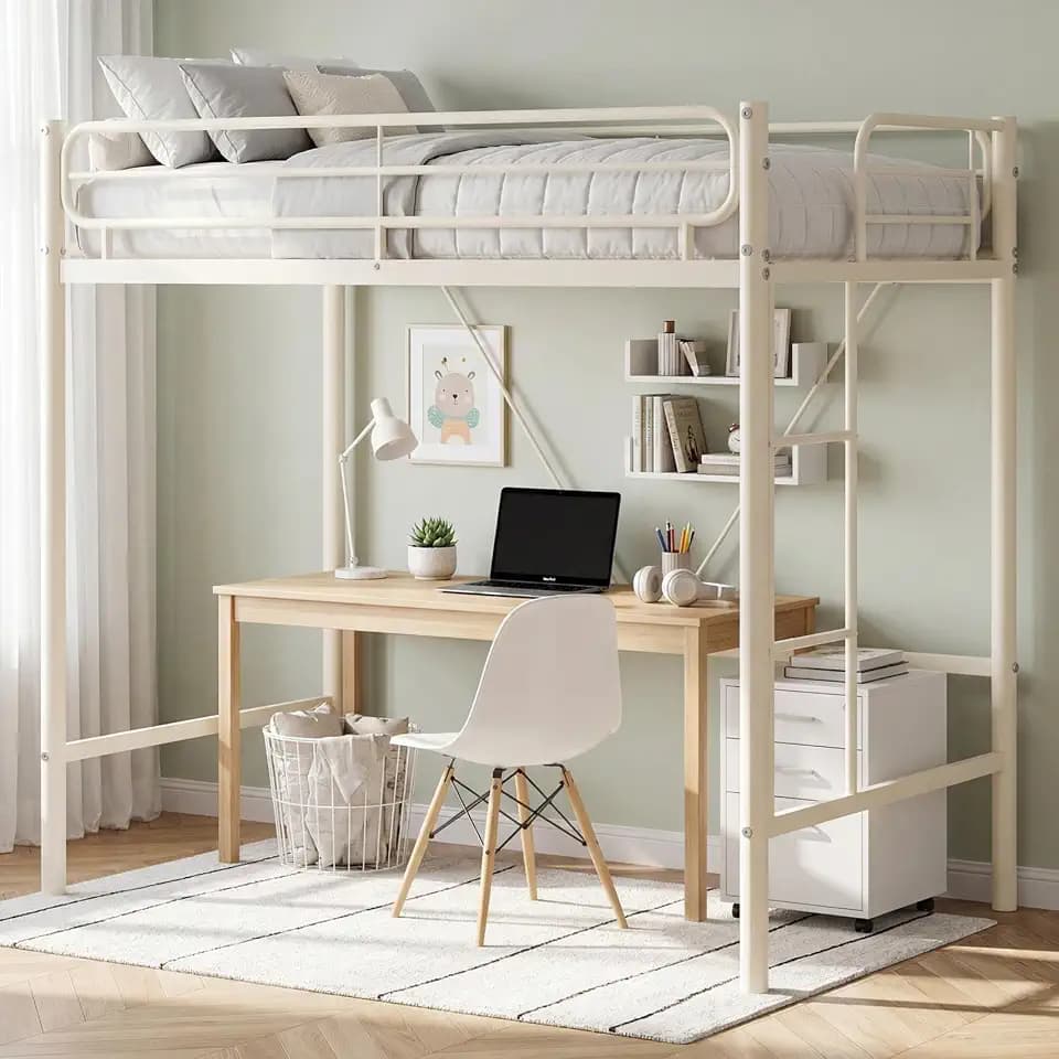 Garvee Twin Size Loft Bed for Kids/Teens, Heavy Duty Metal Loft Bed Frame with 11.7 in Guardrail, Space Saving Bed with Workspace Underneath, 450 Lbs Capacity Pure Iron, No Box Spring Needed, Beige