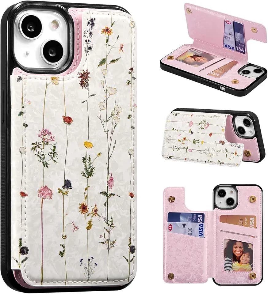 UEEBAI Wallet Case for iPhone 13 with Card Holders, PU Leather Cover Kickstand RFID Blocking Double Magnetic Clasp Rilievo Flower Shockproof Flip Case for Women Girls - Tree Vine