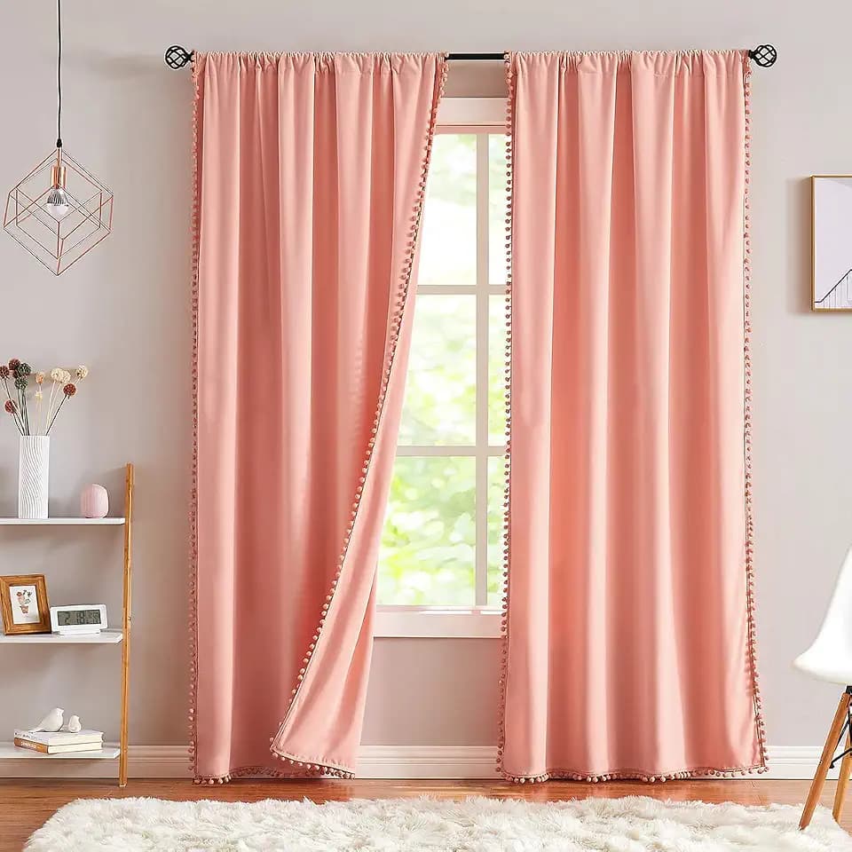 PomPom Pink Velvet Curtains for Living Room 84" Blush Pink Drapes for Girl