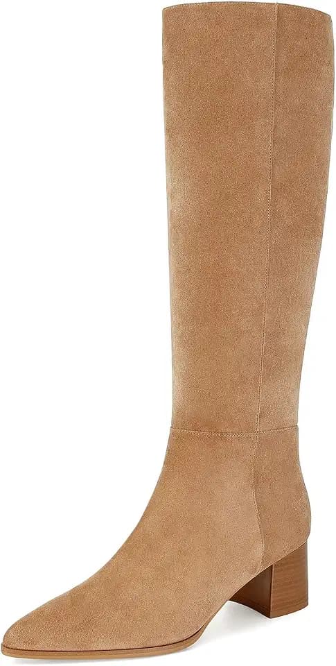 MICIFA Suede Knee High Boots for Women Pointed Toe Chunky Heel Tall Boots Side Zipper Long Boots Comfortable Casual