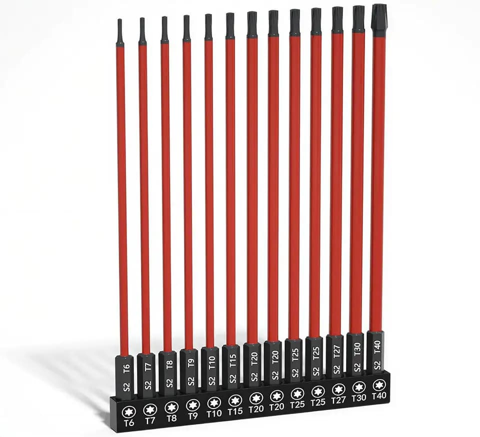 Long Torx Bit Set 6-Inch, 13PCS T6–T40, Magnetic S2 Steel Torx Bits with 1/4" Hex Shank, Extended Reach Torx Set for Deep & Hard-to-Reach Screws, Impact Ready