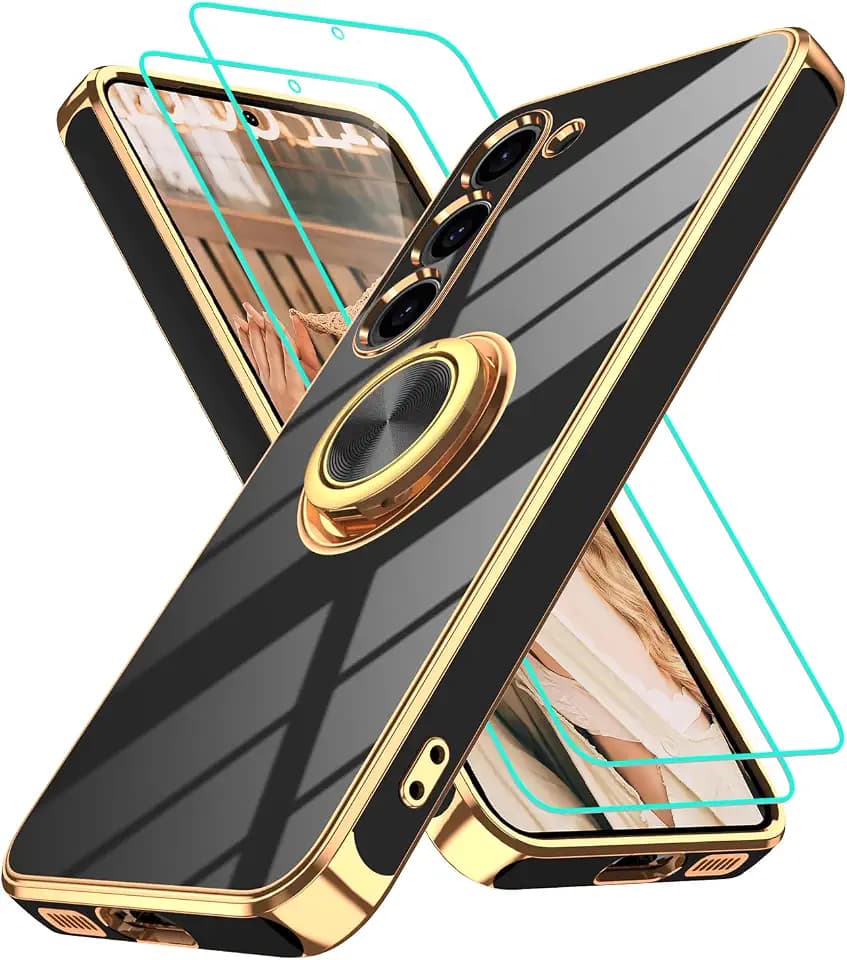 Gritup for Samsung Galaxy S23 Case: with 2Pcs Screen Protector, 360° Rotation Ring Holder Magnetic Kickstand, Plating Gold Edge Soft TPU Shockproof Protective Cover for Galaxy S23, Black