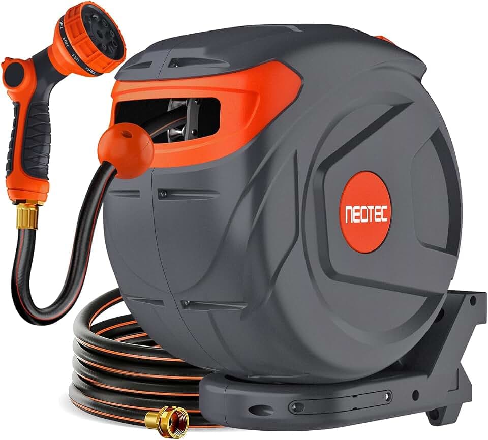Retractable Garden Water Hose 82ft 1/2 inch, Wall Mounted Hose Reel with Automatic Rewind System, Any-Length Lock & Spray Nozzle for Efficient Yard Work
