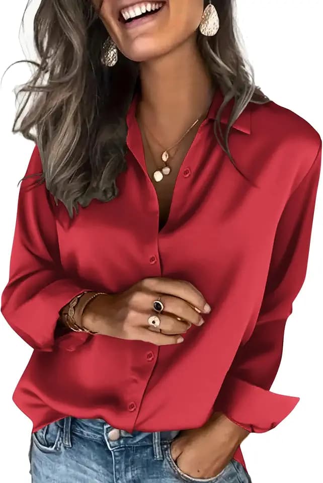 Zeagoo Damen Bluse Satin V-Ausschnitt Satinblusen Elegant Langarm Oberteil