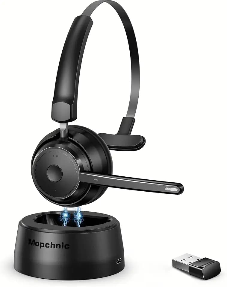 Mopchnic Bluetooth Headset, Wireless Headphone with AI Noise-Canceling Microphone On Ear Wireless Headset with USB Dongle(Black)