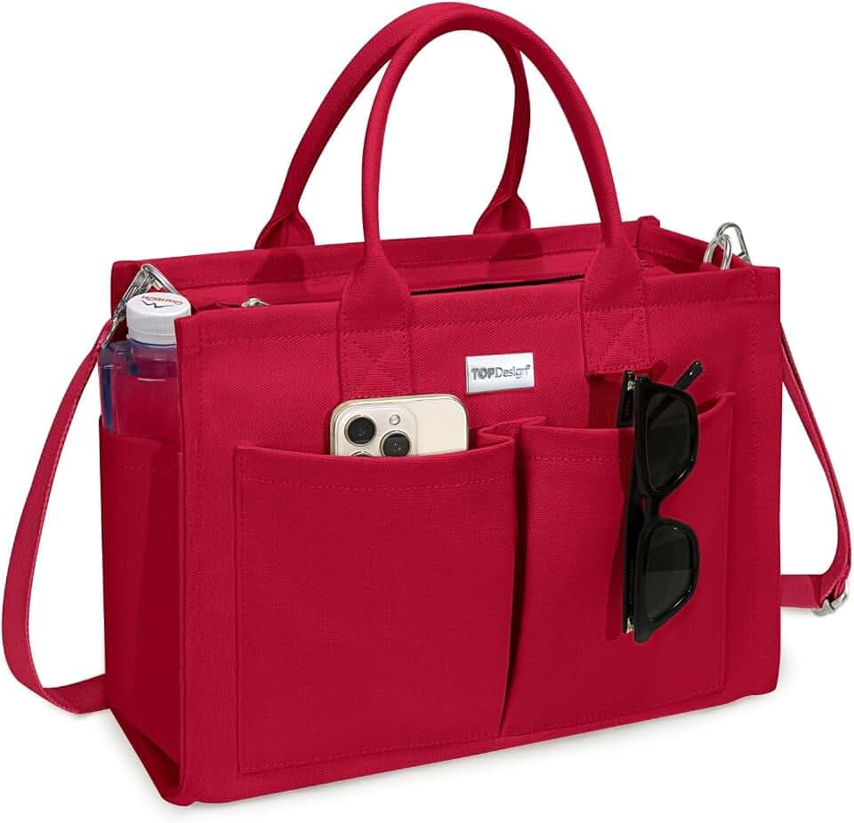 TOPDesign Heavy-Duty Canvas Tote Bag for Women, Adjustable Crossbody/Shoulder Handbag with 9 Pockets, Everything Tote