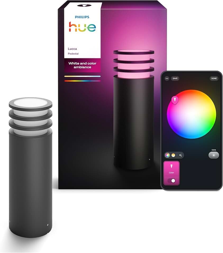 Philips Hue Lucca LED Sockelleuchte für Außenbereich, Einstellbares Weißes und Buntes Licht, 1.100 lm, IP44