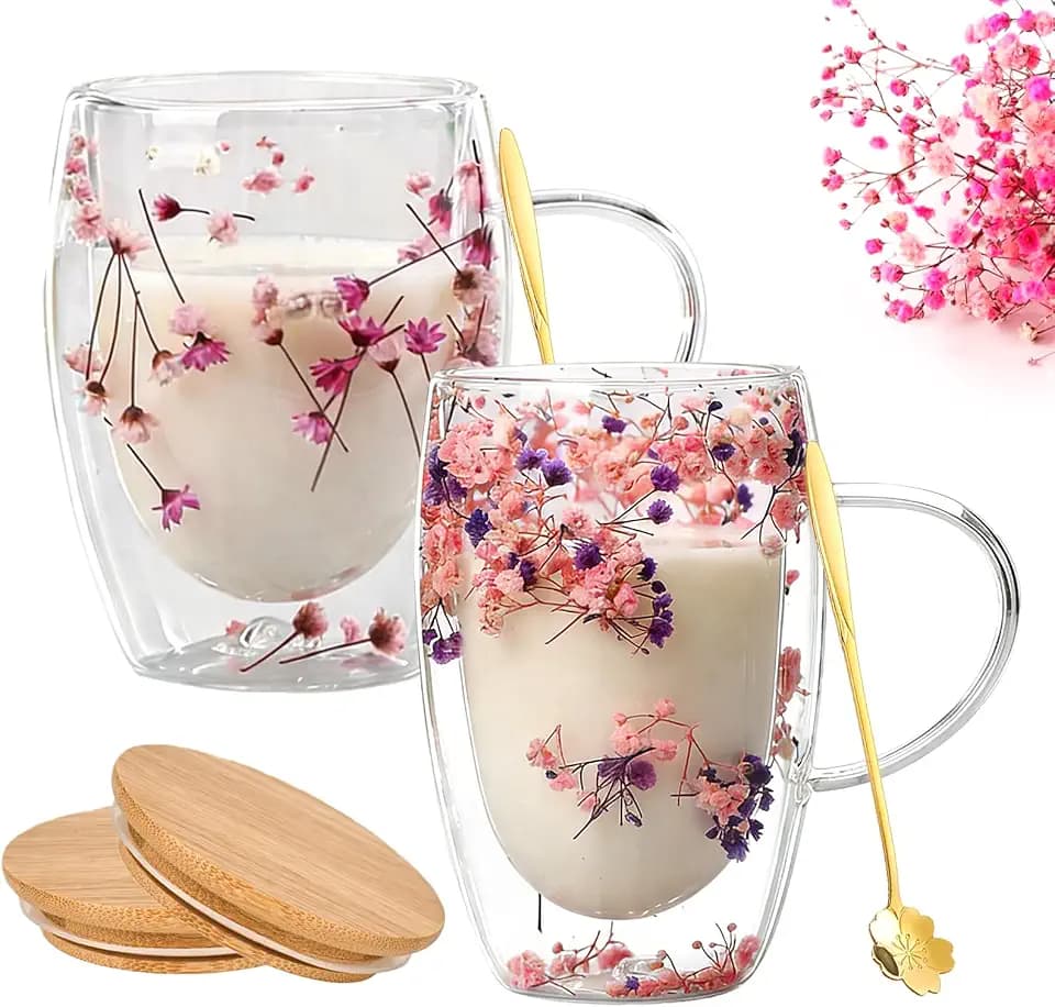 2 Stück Doppelwandige Gläser, 350ml Blumen Doppelschicht Glasbecher, Isolierte Kaffeetassen Aus Glas, Trockenblumen-Doppelglas, Doppelwandig Cappuccino Tassen für Cappuccino Tee Milch (Rosa + Lila)