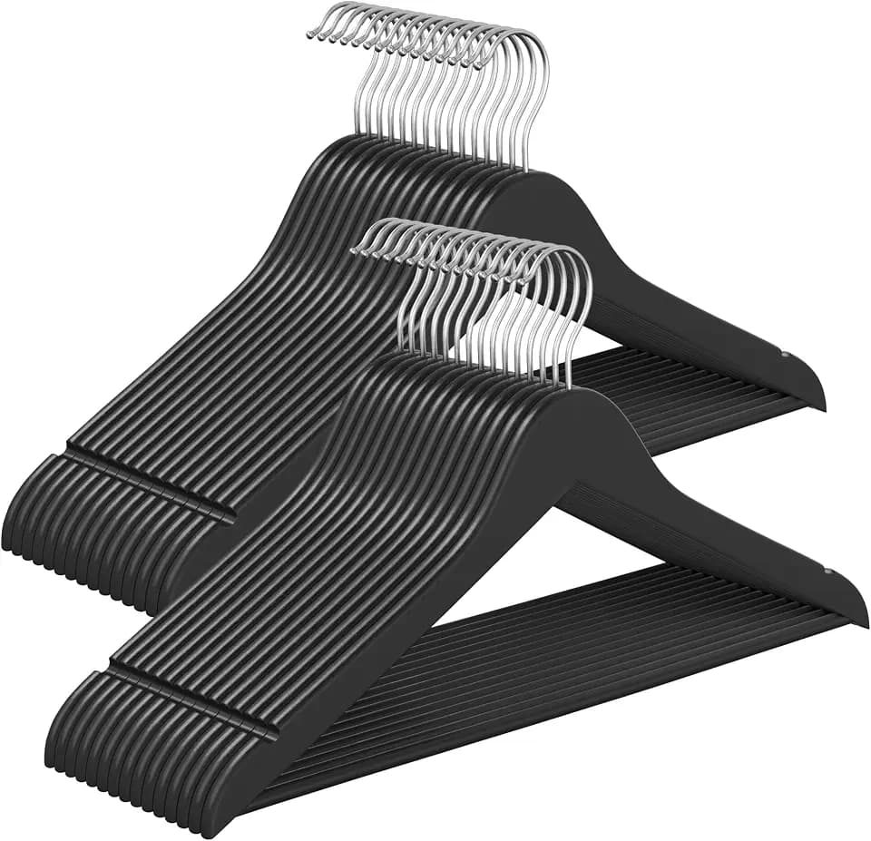 SONGMICS Kleiderbügel Holz, 30er Set, Hosenbügel, schlank, Birkenholz | Bügel platzsparend, 360° drehbarer Haken, für Träger und Jacken, schwarz, CASON Kollektion, CRW030B01