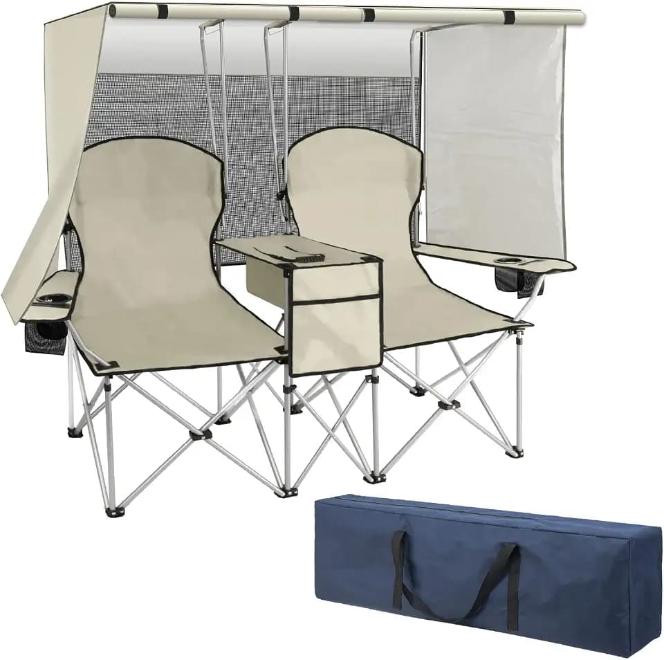 BESTHLS Double Canopy Camping Chair with Shade Folding Loveseat Chairs with Cup Holder Cooler Bag Organize Pouch for Camp Beach Sports Lawn Patio Outside (White)