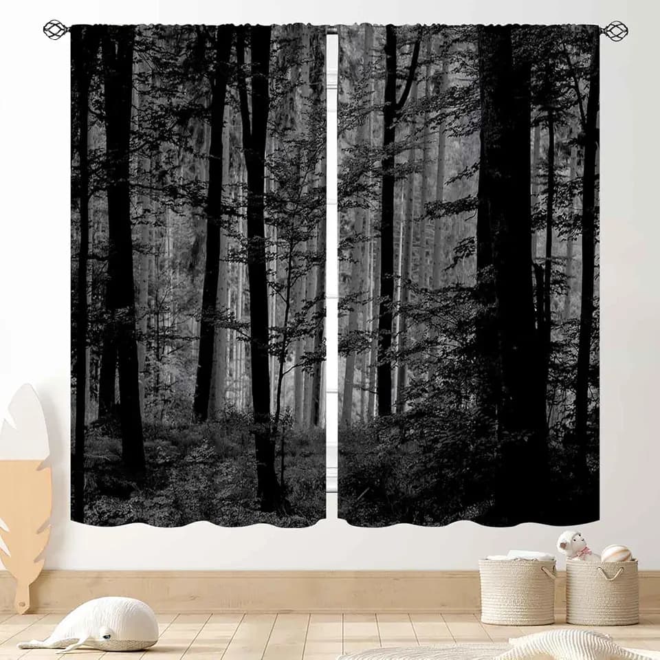 Forest Curtains, Gothic Natural Scenery Fantasy Dark Black Misty Foggy Mysterious Forest Woodland Tree Art Printed Window Drapery Treatments for Bedroom Living Room Home Halloween Decor,42"x45" Inch