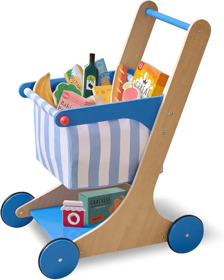 Teamson Kids Holz Einkaufswagen, Blau-Weiß, für Kinder ab 3 Jahren