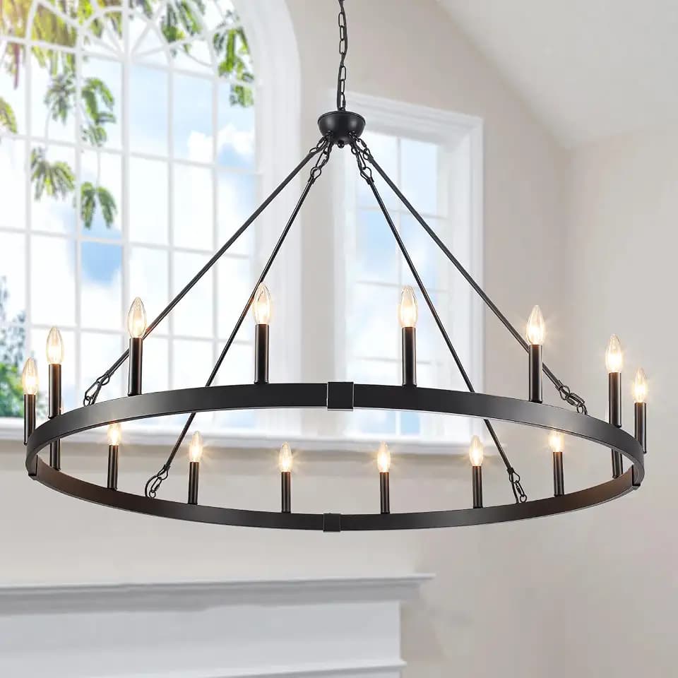 16 Light 48" Black Wagon Wheel Chandelier, Farmhouse Chandelier