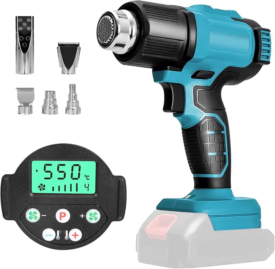 Akku-Heißluftpistole kompatibel mit Makita 18V, Variable Temperaturregelung 50℃-550℃ Elektrische Heißluftfön Schnelle Erwärmung mit LED Anzeige zum Entlacken, Löten mit 5 Düsen(ohne Batterie)