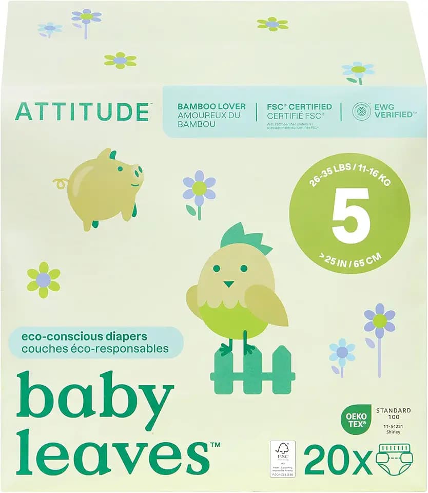 Attitude Eco-Conscious Disposable Diapers, EWG Verified, Size 5 (26-35 lbs), Ultra Absorbent for Baby, Vegan & Plant-Based, 20 Count